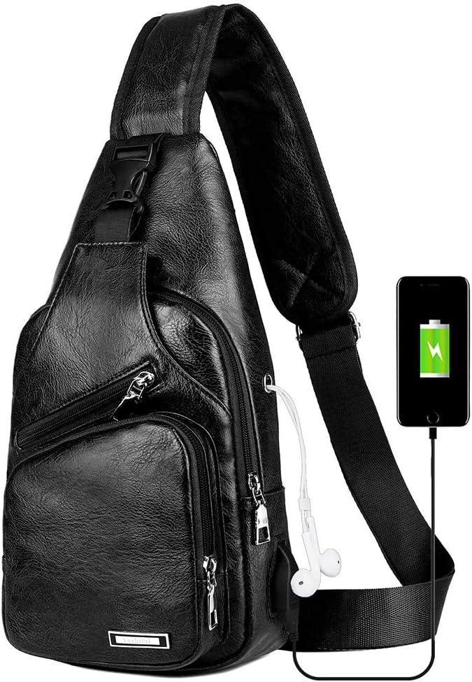 Peicees Leather Sling Bag Mens Crossbody Bag Chest Bag Sling Backpack for Men with USB Charge Port (Large, Black)