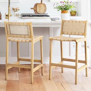 LUE BONA Counter Height Bar Stools 24inch, Set of 2 Faux Leather Woven Counter Stool with Backs, Woven Strips Rattan Barstools with Wood Legs for Dining Room Home Kitchen, Deep Beige