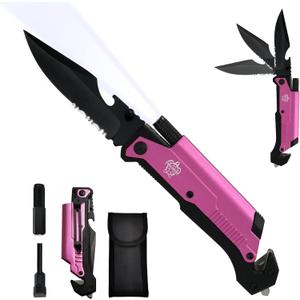 8.5" Military Outdoor EDC Camping Pocket Knife, 7 in 1 Multi-Function Folding Knives with Fire Starter LED Light Seatbelt Cutter Glass Breaker Bottle Opener Tactical Blade (Pink)