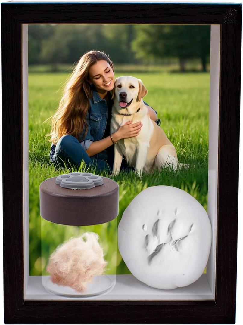 Pet Memorial Shadow Box Frame 5x7 with Clay Paw Print Kit and Fur Keepsake Box, Black Wood Picture Frame for Dogs and Cats That Passed Pet Death Sympathy and Gifts for Pet Lover