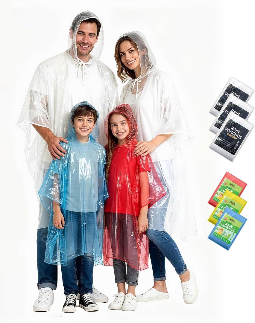 Hitituto Rain Ponchos Family Pack – Disposable Poncho for Kids&Adults with Drawstring Hood, Waterproof, Lightweight & Breathable, Clear & Assorted Colors – Emergency Raincoat for Travel, Theme Parks