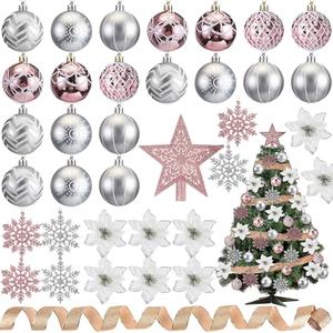 68 Pcs Christmas Tree Balls Ornaments Set Complete Christmas Tree Decorations Glitter Poinsettia Flowers Christmas Ornaments Tree Topper Ribbons Hanging Decor for Xmas Holiday(Rose Gold and Silver)