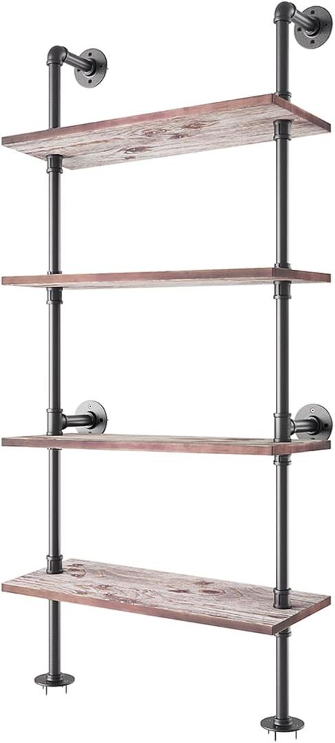 Yuanshikj 4 Tier Industrial Pipe Solid Wood Ladder Shelf/Shevles/Shelving Bookshelf/Bookcase Metal Iron Planks Rustic Wall Mounted for Living Room Decor Storage (4 Tier with 24" Solid Wood)