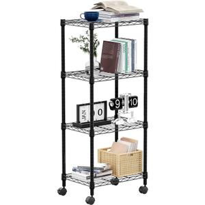 4-Shelf Adjustable Heavy Duty Steel Wire Rack, Adjustable Storage Shelving Unit with Wheel for Kitchen, Garage, Laundry Black 11.8" D x 17.7" W x 40.8" H