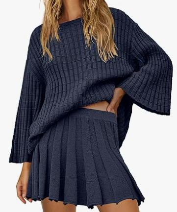 SENSERISE Fall Sweater Sets Skirt Sets Women 2 Piece Outfits Long Sleeve Top and Skirts Set Loungewear M
