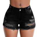 Women's Stretch Ripped Denim Shorts Mid Waist Casual Frayed Raw Hem Distressed Jean Shorts Jean color With Rhinestones hanging from pocket, Size 2XL