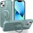 Magnetic Compatible with iPhone 13 Case with Stand [Military Grade Drop Tested][Compatible with Magnet] Ring Translucent Slim Hard Back Soft Edge, Teal Green