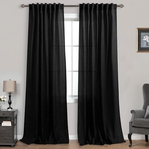 Mrs.Naturall Black Linen Curtains 90 Inches Long for Bedroom,Back Tab Privacy Semi Sheer Window Curtain Drapes 90 Inch Length for Living Room 2 Panels Set