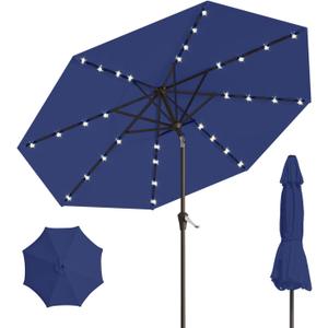 10FT Solar Umbrella 32 LED Lighted Patio Umbrella Table Market Umbrella w/Tilt and Crank, UV-Resistant Outdoor Umbrella for Pool, Garden, Deck, Navy Blue