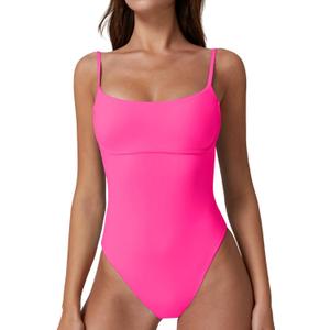 QINSEN Womens Seamed Cup Spaghetti Straps One Piece Bathing Suits Tummy Control Cheeky Swimsuit (Pink, L)
