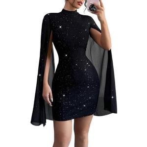 Women's Sexy Glitter Mini Dress Mock Neck Cloak Sleeve Cocktail Shimmering Elegant Dresses Wedding Guest Party Evening (XXL)