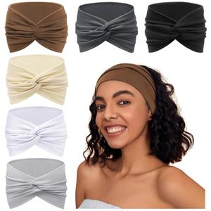 Wide Headbands for Women Knotted No Slip Head Bands Soft Turban Headband Hair Accessories Boho African Solid Color Head Wraps for Women Yoga Workout Pack of 6Brown