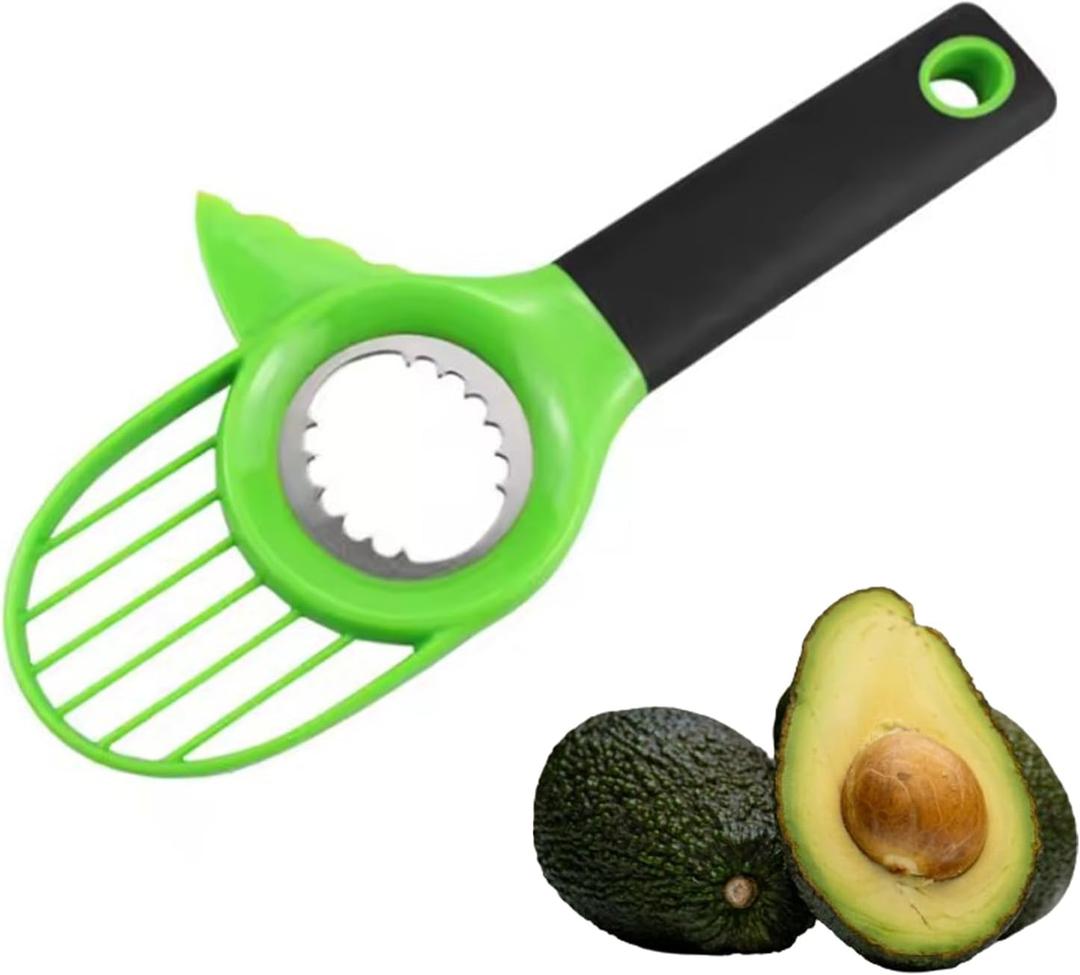 Stainless Steel 3-in-1 Avocado Cutter with Integrated Pitter and Slicer, Featuring an Ergonomic Green Handle for Effortless and Efficient Cutting, Pitting, and Slicing of Avocados (Green)