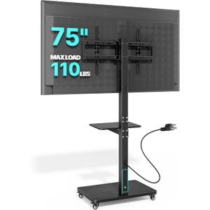 Rolling TV Stand with Power Outlet for 32-75 Inch TVs up to 110 lbs | Mobile TV Stand on Metal Wheels, Tilt & Swivel Portable TV Cart with Mount, Height Adjustable TV Cart with Wire Management