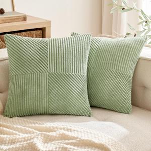 ANRODUO Pack of 2 Sage Green Fall Corduroy Pillow Covers 18x18 Inch Boho Decorative Spliced Throw Pillow Covers Soft Couch Pillowcases Diagonal Patchwork Textured Cushion Covers for Sofa Living Room