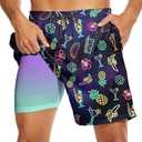 Mens Swim Trunks with Compression Liner 7" Bathing Suit Swimming Shorts Quick Dry Board Shorts Swimsuits with Pockets (Large, White-neon)