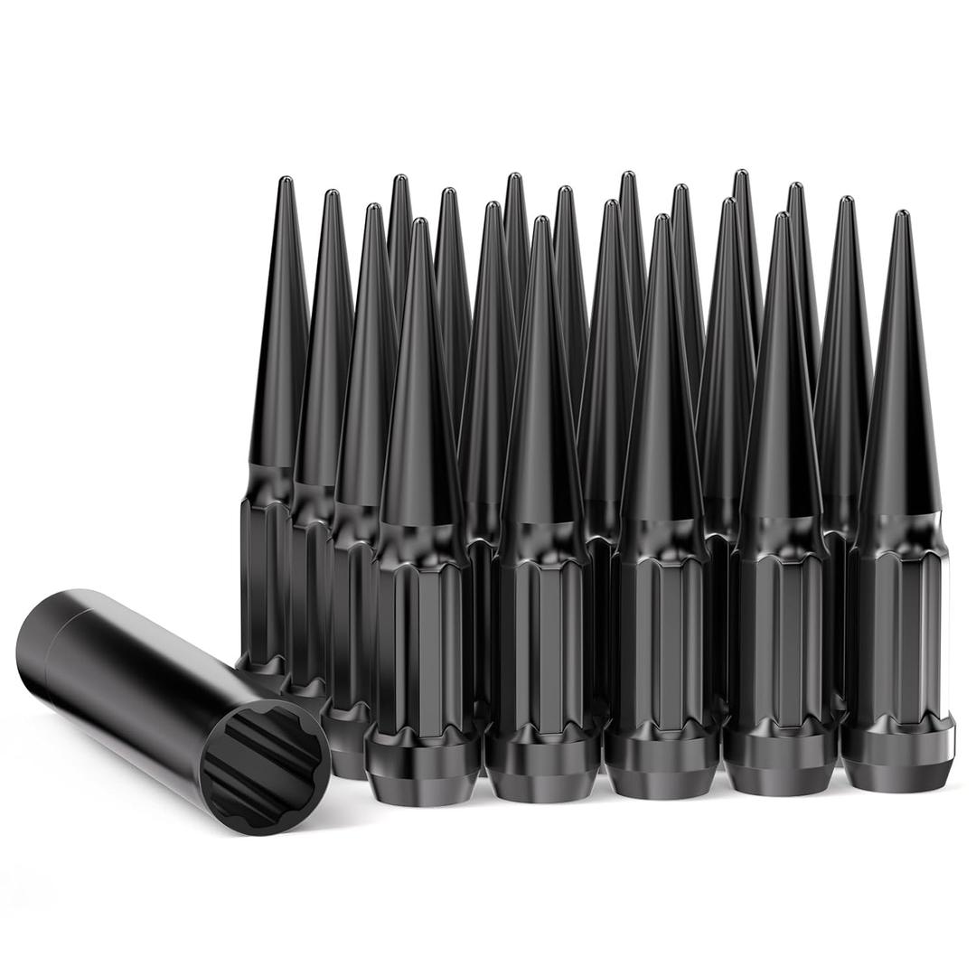 GAsupply 12x1.5 Spike Lug Nuts Black 20pcs, M12x1.5 Locking Spiked Spline Lug Nut 4.4" 112mm Tall, Closed End Bulge Acorn 60 Degree Cone/Conical Seat