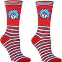Funny Crazy Character Socks,Red and Blue Striped World Book Day Costume Socks Mid Calf Crew Sock,Cat Book Characters Costume Accessories for Womens Mens