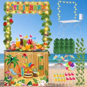 Haull 95PCS Tiki Bar Hut Kit LED Luau Hawaiian Party Decorations with Portable Table Tiki Bar Banner Table Skirts Tropical Garlands Flowers Straws and LED Lights for Summer Pool Beach Parties(Bamboo)