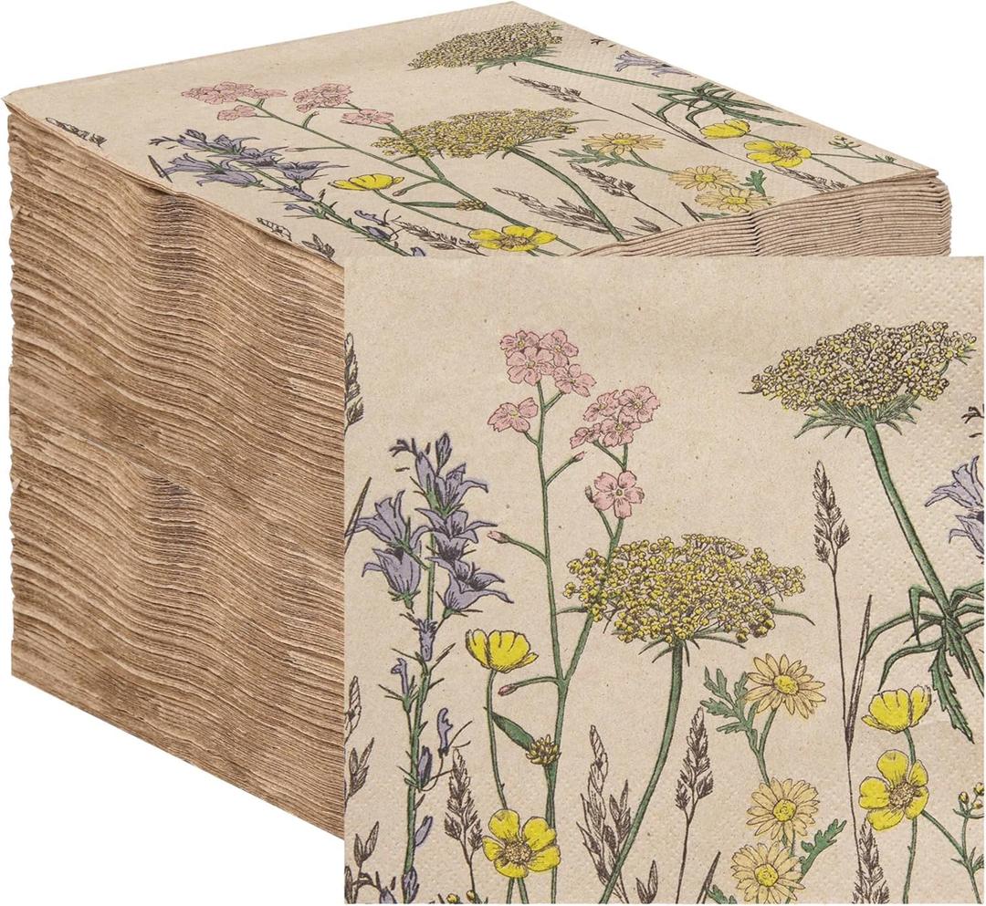 Table Kind 100 x Soft Recycled Floral Napkins Wildflower Soft Paper Napkins Pretty Wild Flower Serviettes for Spring Eco Friendly, Everyday & Compostable Weddings, Tea Party, Birthday Natural Kraft