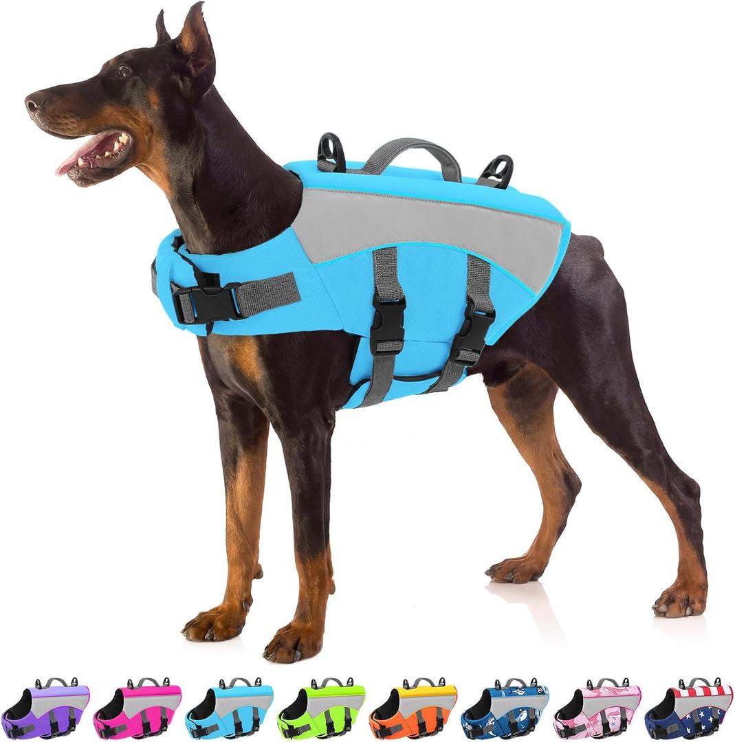 Dog Life Jacket, High Flotation Dog Swimming Vest with Handle, High Visibility Doggy Life Preserver for Pool Beach, Adjustable Pet Water Vest Lifejacket for Medium Large Dogs, Blue L