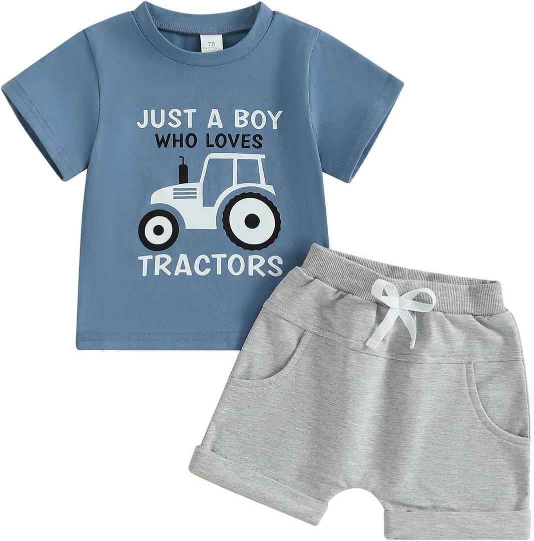 Baby Boy Cute Letter Short Sleeve Shirt Top Elastic Waist Shorts Toddler Summer Outfits (Blue Just A Boy Who Loves Tractors, 6-12 Months)