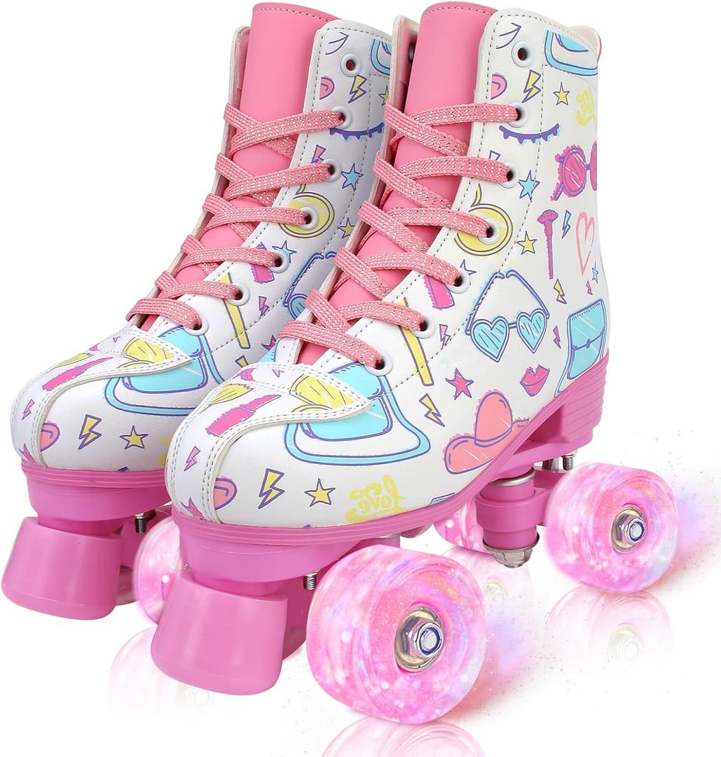 jessie Girl Roller Skates for Kid, PU Leather Flash Rainbow Adjustable Roller Skates Girls Ages 5-12 Four-Wheel Beginner Adult Indoor Outdoor, 37-Women's 7/ Youth 6