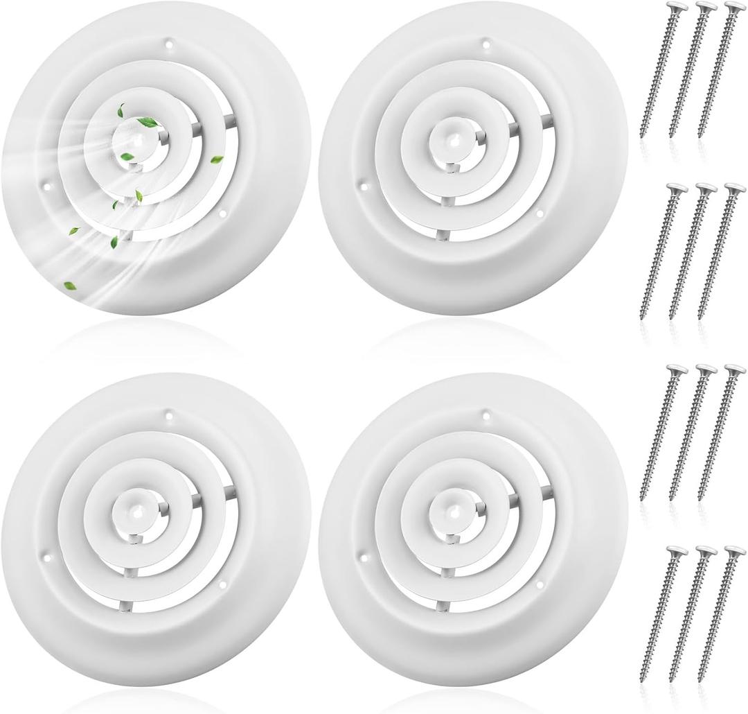 Therwen 4 Pieces 6 Inch Round Vent Cover, Ceiling Diffuser White HVAC Vent Duct Cover Replacement with Screws to Install, Fitting in 6 Inch Duct, Outer Dimensions: 9-15/16" (6 Inch)