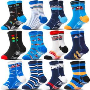 Baby Boys Grips Socks 12 Pairs Kids Toddlers Infants Anti Slip Non Skid Funny Cartoon Crew Breathable Cotton Socks (3-5T, Cars & Trucks)
