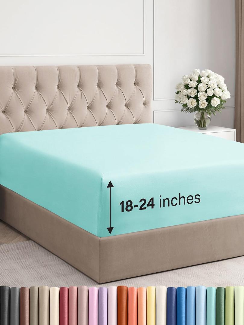 Extra Deep King Fitted Sheet - Hotel Luxury Single Fitted Sheet Only - Easily Fits 18 inch to 24 inch Mattress - Ultra Soft, Wrinkle & Fade Free w/Extra Deep Pockets - Breathable & Comfy - Spa Blue