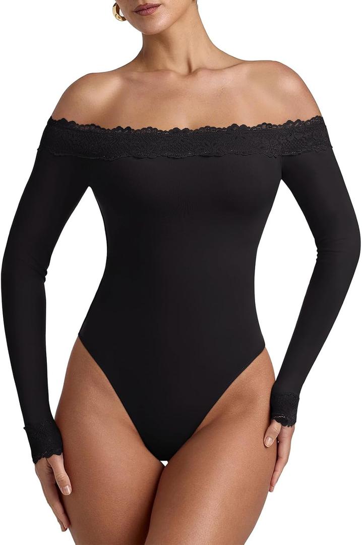 REORIA Women's Sexy Off The Shoulder Long Sleeve Bodysuit Lace Body Suits Going Out Tops Fall Outfit 2025 (Medium, Black Onyx)