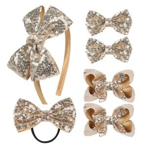 Sequin Grosgrain Bow Hair Accessories Gift Set  6-Piece Sparkling Hair Bows, Clips, Headband & Hair Tie for Little Girls and Toddlers Gold)