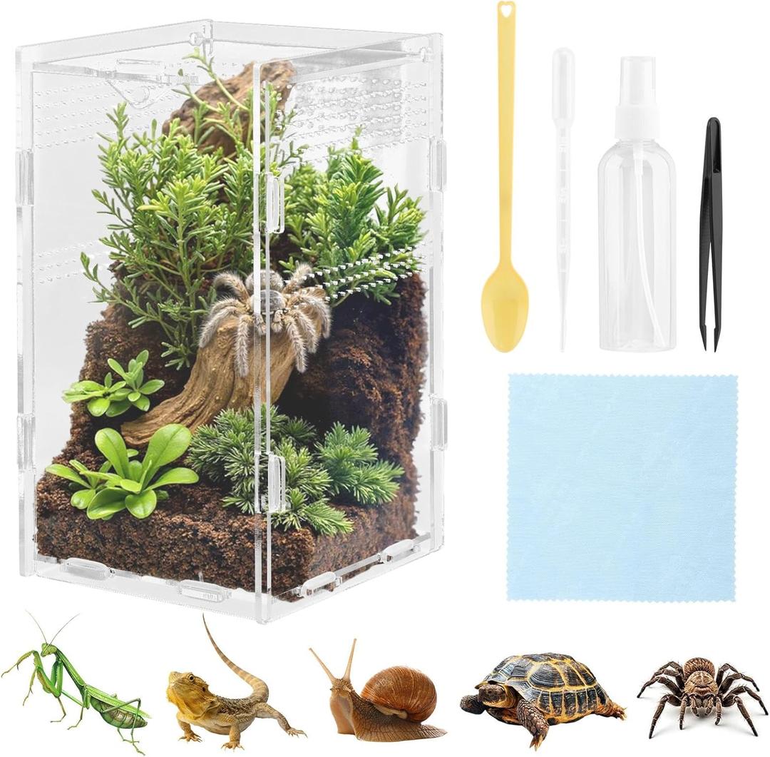 Jumping Spider Enclosure, Acrylic Ventilated Terrarium Habitat for Praying Mantis, Frog, Snail, Hermit Crabs & Small Pets, Reptile Terrarium(Color:Transparent)