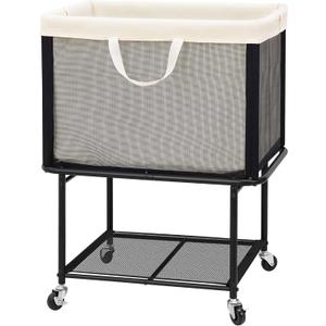 STO STO Rolling Laundry Hamper with Lockable Wheels, 29-Gallon (110L) Laundry Cart with Removable Canvas Bag, 2-Tier Clothes Basket Hamper with Shelf for Closet, Bedroom, Bathroom, Laundry Room