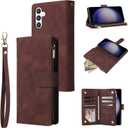 QLTYPRI Wallet Case for Samsung Galaxy A36, Premium Vintage PU Leather Zipper Pocket Case with Card Holder Slots Magnetic Closure Kickstand Wrist Strap Shockproof Flip Folio Cover - Coffee