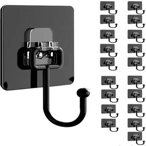 Large Adhesive Hooks, 20 Black Heavy-Duty 40 lb Adhesive Wall Hooks, Waterproof, Rustproof, Ideal for Hanging, Suitable for Bathroom, Kitchen, Home, Ceiling and Window