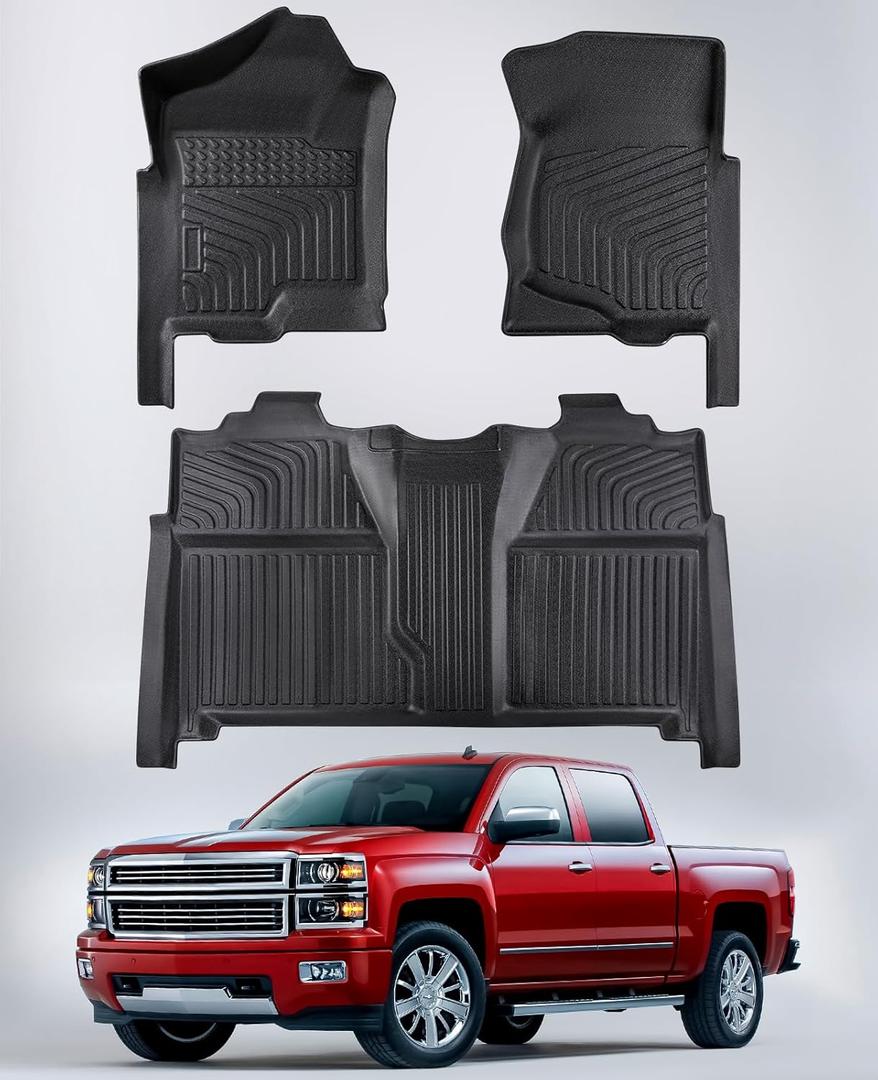 Car Floor Mats for Chevy Silverado & for GMC Sierra: 1500 Accessories Crewcab 2007-2013, 2500HD/3500HD Crewcab Floor Liner for Silverado & for Sierra 2007-2014 (Not Hybrid), All Weather TPE Custom Mat