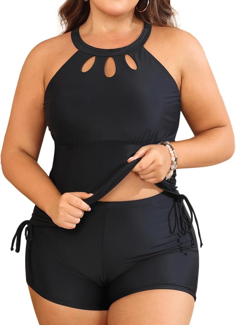 Aqua Eve Women Two Piece Plus Size Swimsuit High Neck Tankini Set Tummy Control Bathing Suit with Shorts Black 14W