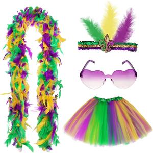 Fumwase 4PCS Mardi Gras Costume Accessories Set Includes Feather Fascinator Headband Faux Feather Boa Mardi Gras Outfits Tutus Skirt Heart Sunglasses Colorful for Men Women Halloween Party
