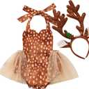Baby Girls Christmas Deer Costume Romper Tutu Dress with Antlers Headband Newborn Xmas Reindeer Cosplay Outfit Set (18-24 Months, Brown)