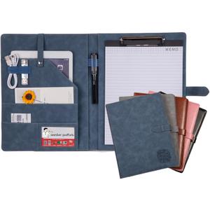 Padfolio Portfolio Leather Binder, Interview Legal Document Organizer, Padfolio Clipboard Folder, Business Card Holder Included 2pcs Letter Sized Writing Pad (Blue)