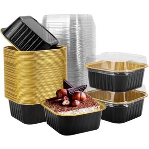 50 Pcs Mini Square Baking Cups with Lids,5oz Aluminum Foil Mini Cake Pans with Lids,Disposable Ramekins Cake Pans,150ml Dessert Cups Cupcake Pans for Wedding Birthday Party,Black Gold