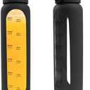 1 Liter Borosilicate Glass Water Bottle with Silicone Sleeve, Drinking Bottle with Time Marker Reminder Quotes,32 Oz Leak Proof Reusable BPA Free Motivational Water Bottles, Black