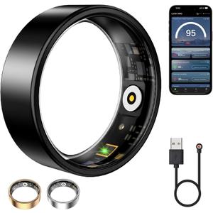 Smart Ring for Women & Men, Fitness Tracker with Heart Rate, Blood Oxygen, Sleep Monitoring, Long-Lasting Battery, IP68 Waterproof, Compatible with iOS & Android (Black, #7)