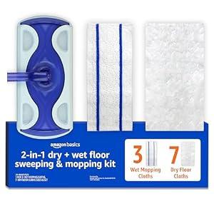 Amazon Basics Wet & Dry Sweeper Kit, 1 Sweeper Handle, 7 Heavy Duty Dry Floor Cloths, 3 Wet Floor Cloths, Pack of 1