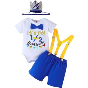 Baby Boy 1/2 First Birthday Outfit Half Way to One Birtday Cake Smash 4pcs pants Set Suspenders Romper Photo Shoot (3-6 Months)