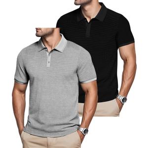 Mens Polo Shirts 2 Pack Breathable Short Sleeve Golf Shirt Casual Button Down Shirt Lightweight Collared Waffle Shirts (Gray, XXL)