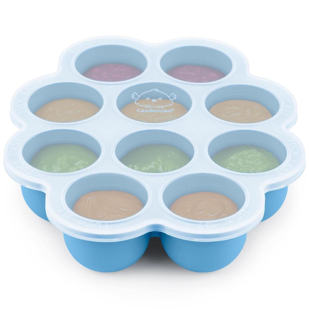 KeaBabies Silicone Food Freezer Trays with Lid, 2oz x 10 Pods Baby Food Storage Containers, Easy Puree Meal Prep, Breast Milk Silicone Freezer Molds, Dishwasher, Microwave Safe, BPA-Free (Misty Blue)