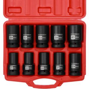 CASOMAN 10PCS 1-Inch Drive Deep Impact Socket Set, Metric, CR-MO, 21,22,24,27,29,30,32,33,38,41mm, Deep Spindle Axle Nut Impact Socket Set
