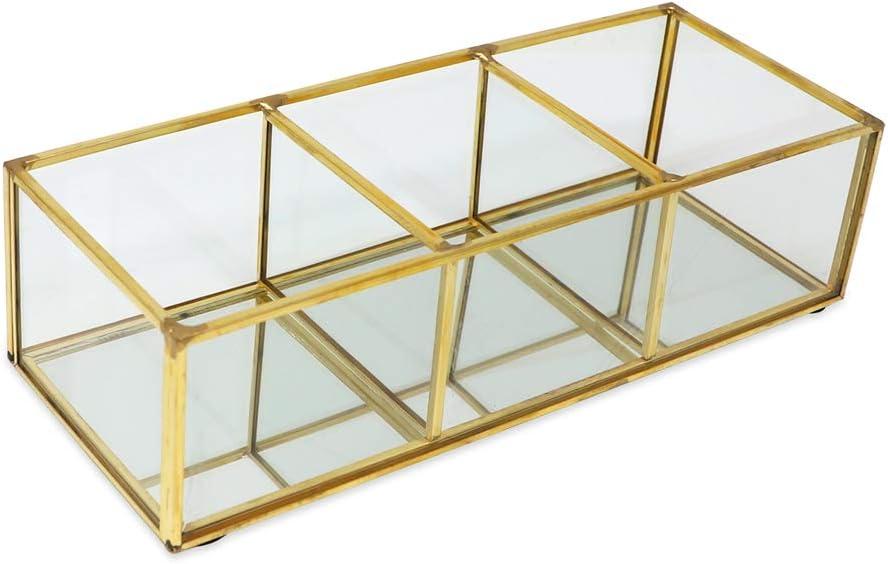 Vintage Golden Glass Lidded Box Clear Glass & Brass Metal Storage Jewelry and Cosmetic Makeup Organizer with Lid Beauty Display, Rectangle with 3 Compartment